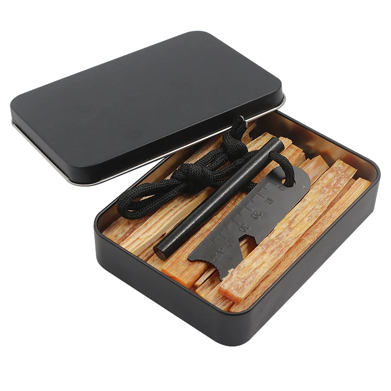 Feuerstahl Set Firestarter mit Schaber, Kienspan & Metallbox Bushcraft Camping
