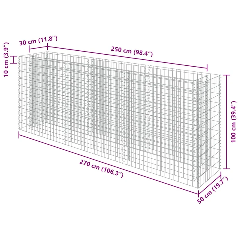 Gabionen Hochbeet Verzinkter Stahl 270×50×100 cm Gabionenpflanzkübel