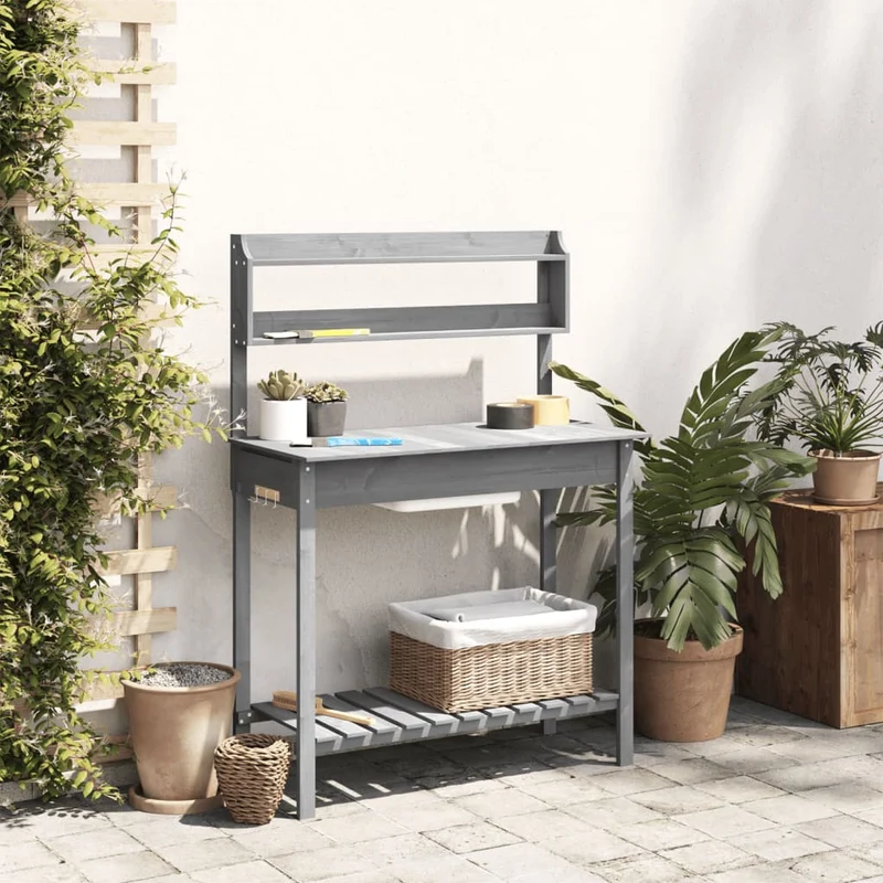 Pflanztisch mit Waschbecken Grau 147,5x44x139,5 cm Massivholz Tanne