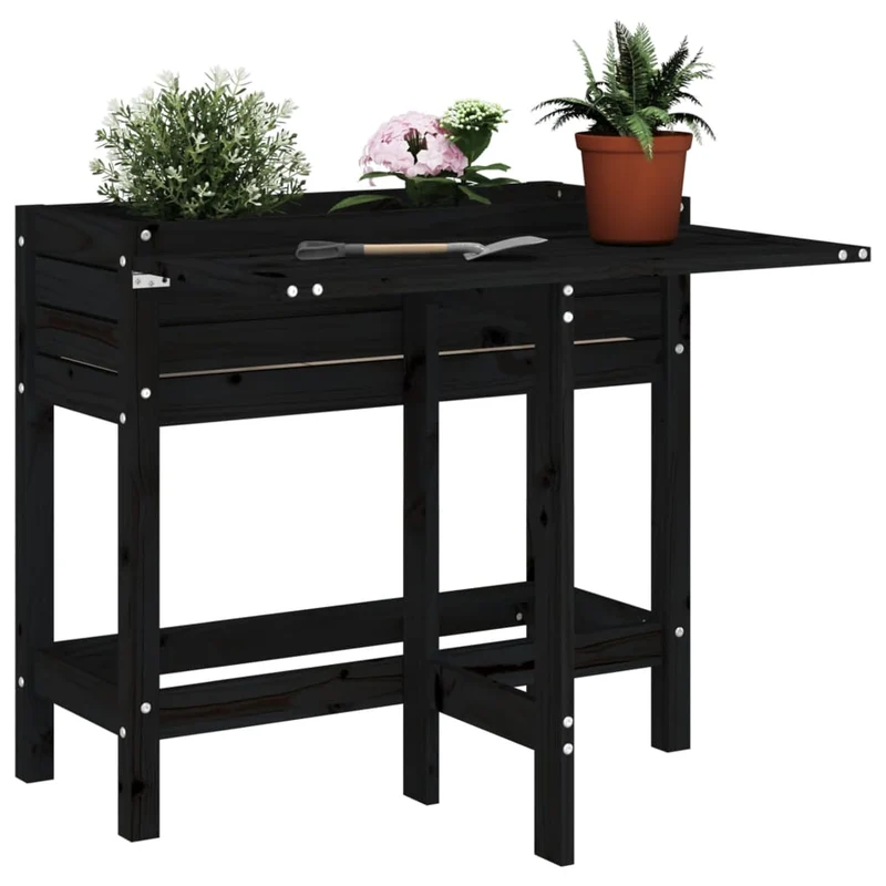 Pflanztisch Pflanzkasten mit Klappbarer Tischplatte Schwarz Massivholz 84x73x75 cm