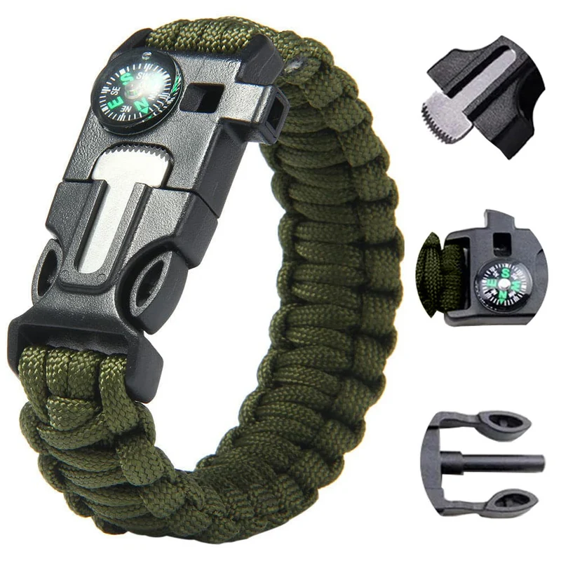 Survival Armband 5in1 mit Kompass, Feuerstarter & Messer – Paracord Outdoor Armband Grün