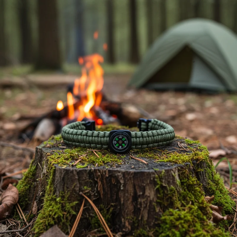 Survival Paracord Armband mit Kompass, Feuerstahl & Notsignalpfeife – 3 m Fallschirmleine