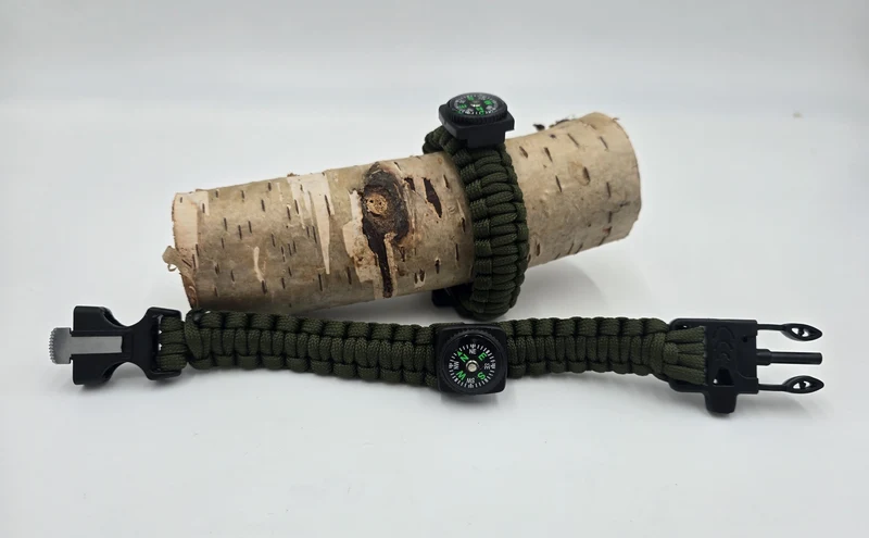 Survival Paracord Armband mit Kompass, Feuerstahl & Notsignalpfeife – 3 m Fallschirmleine