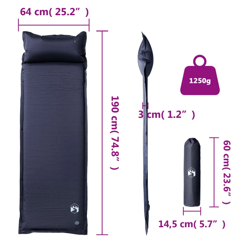 Aufblasbare Isomatte mit Kissen Grau 190x64x3 cm Luftmatratze Camping