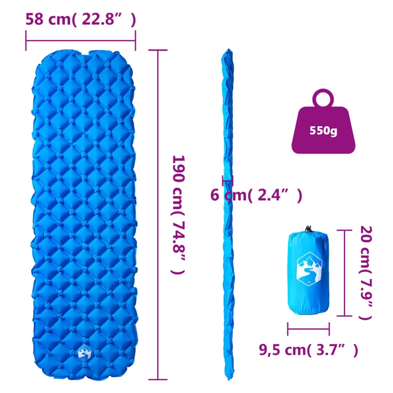 Aufblasbare Isomatte Blau 190x58x6 cm ultraleichte Luftmatratze 550g Camping