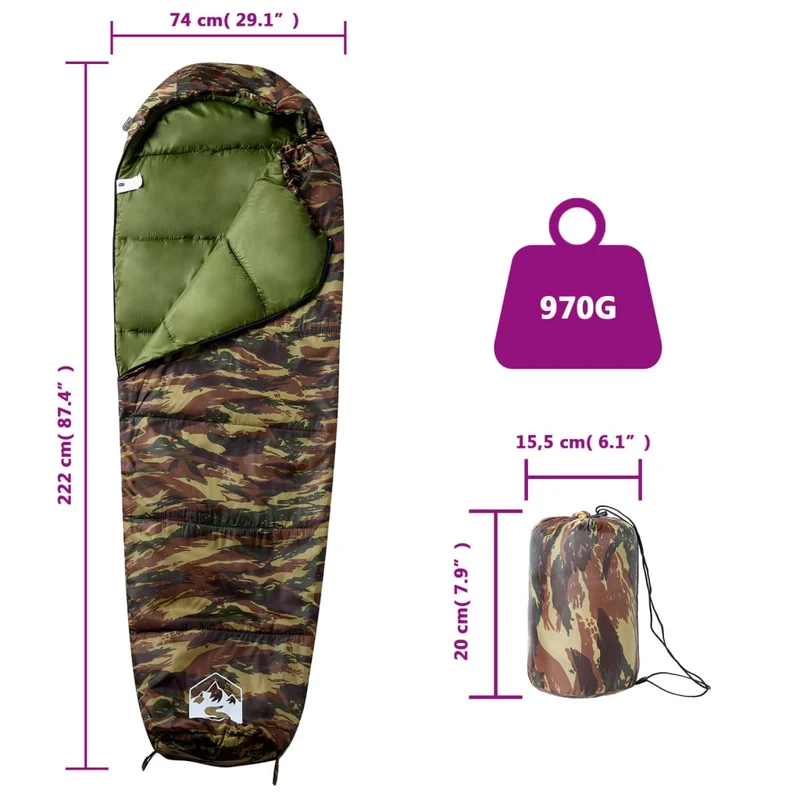Mumienschlafsack Erwachsene Flecktarn Camping 3 Jahreszeiten Camouflage
