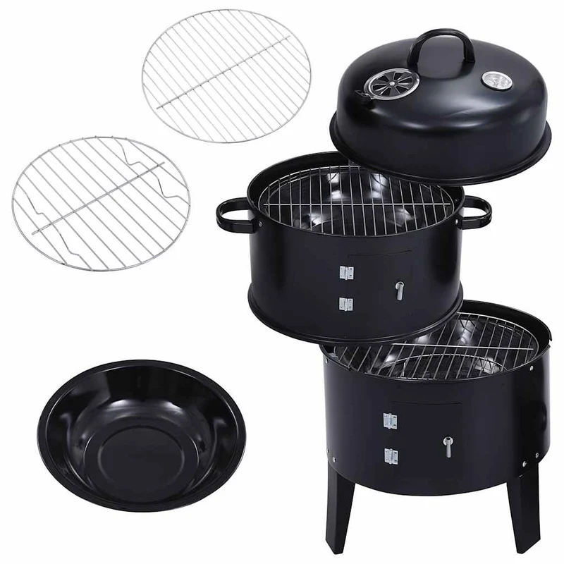 3in1 Räuchergrill Smoker Holzkohlegrill mit Thermometer BBQ Grill