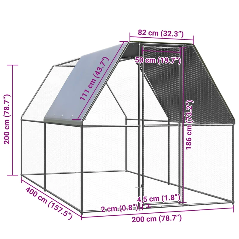 Hühnerkäfig Hühnerstall Stahl 2 x 4 x 2 m Auslauf Freigehege Tierkäfig Geflügelstalll