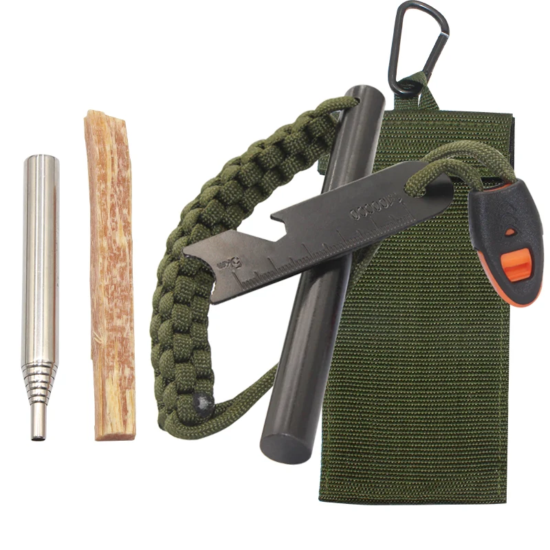Feuerstahl Notfall Set Firestarter Bushcraft – Schaber Blasrohr Kienspan Tasche oliv