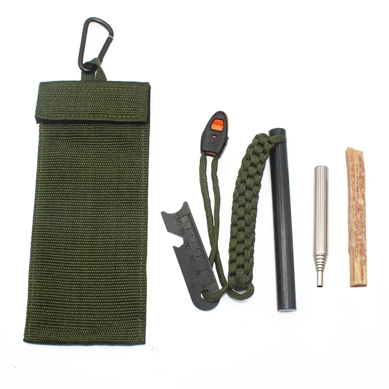 Feuerstahl Notfall Set Firestarter Bushcraft – Schaber Blasrohr Kienspan Tasche oliv