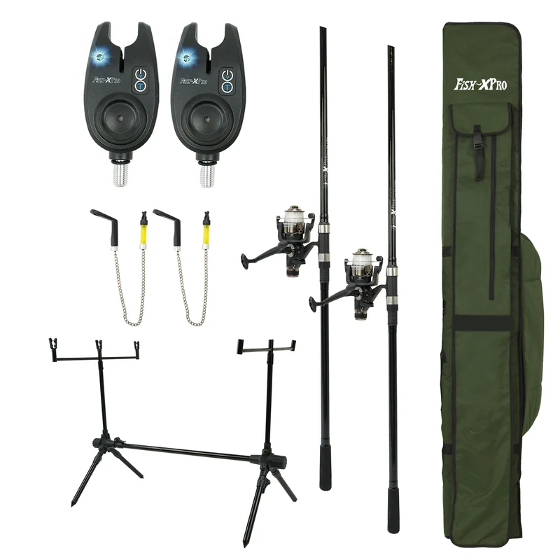 FISH-XPRO Karpfenset – 2-Ruten Komplettset mit Freilaufrollen & Rod Pod